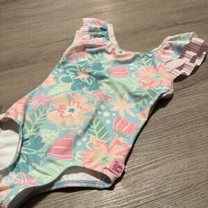 Ruffle Butts Girls 1 Piece Swimsuit Size 6 Pastel Floral Ruffle Sleeve Bow Back